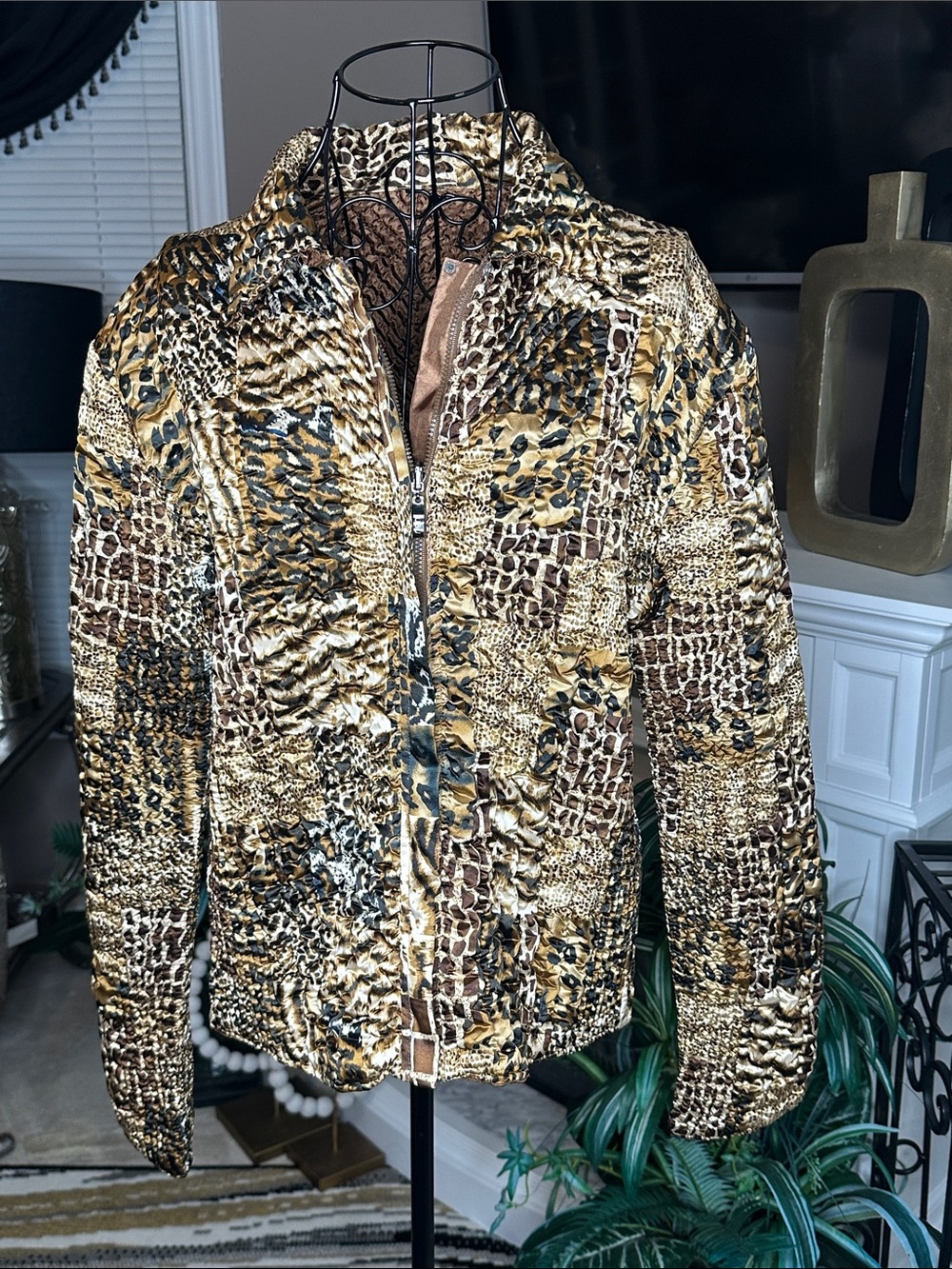 Women's Animal-Print Quilted Bomber Jacket - Brown/Gold